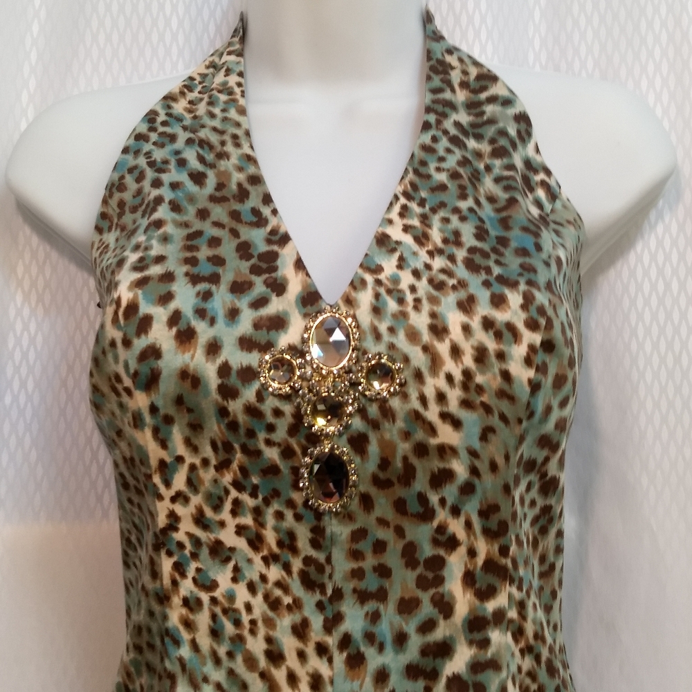 Curtsey Summer Halter-Neck Party Dress, Aqua/Brown/Cream Animal Print, Size 8 - Picture 4 of 15